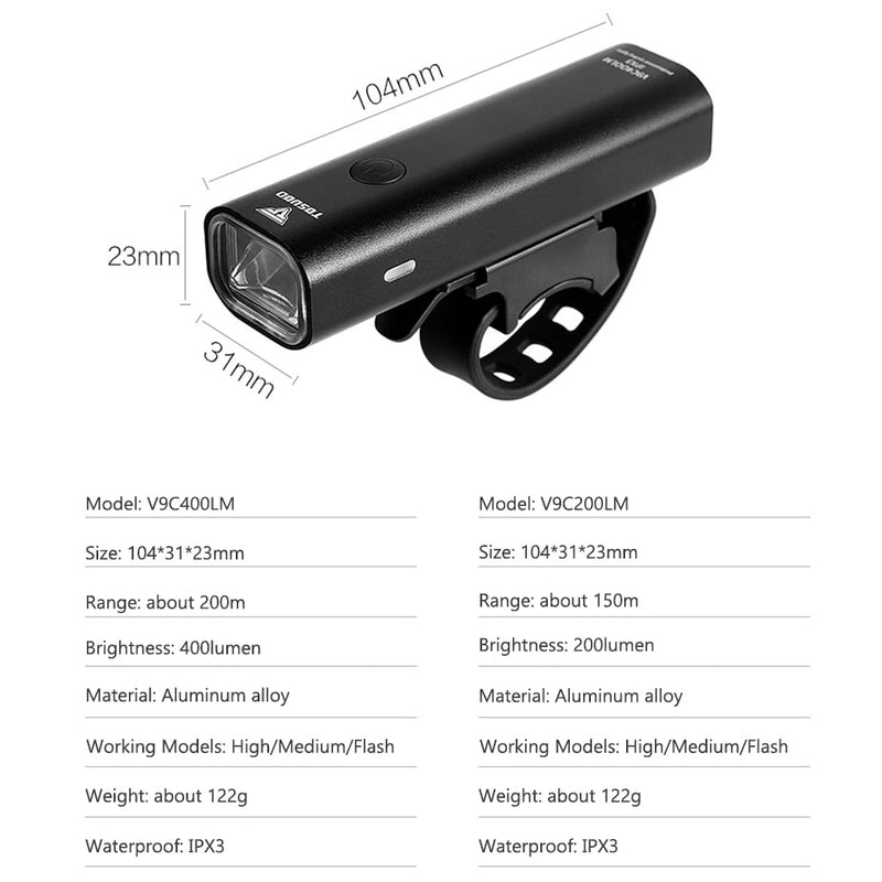 Farol de bicicleta LED recarregável USB 2000mAh Lâmpada frontal à prova d'água de alumínio MTB Lanterna de ciclismo ultraleve