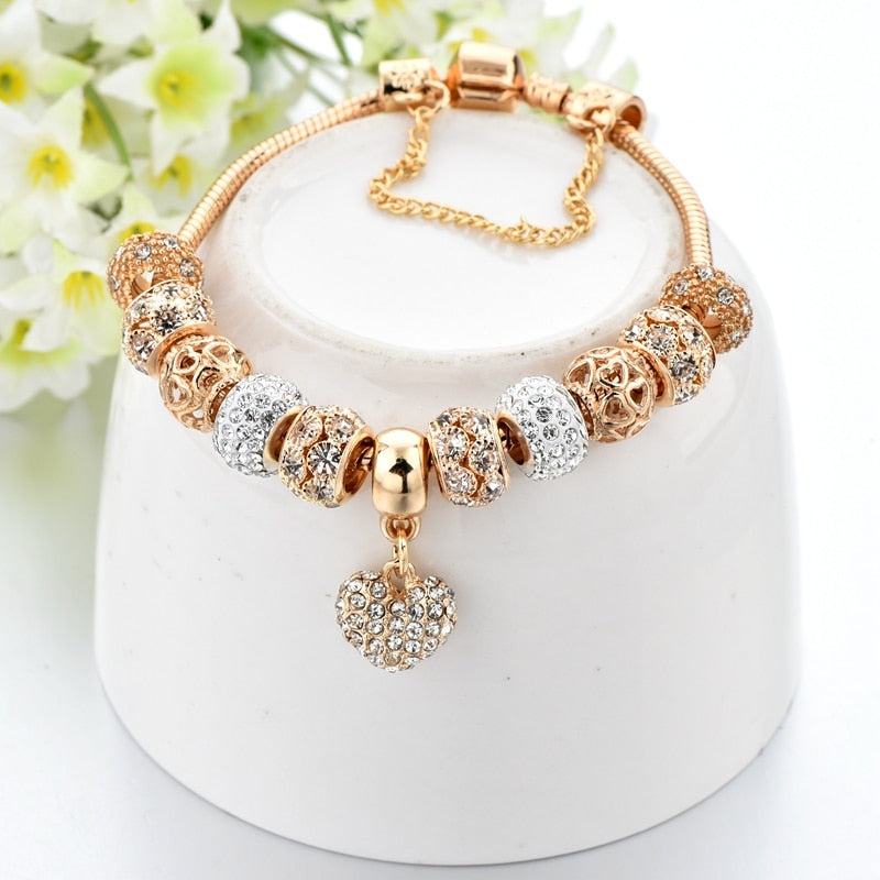 Pulseira de luxo com coração de cristal para mulheres