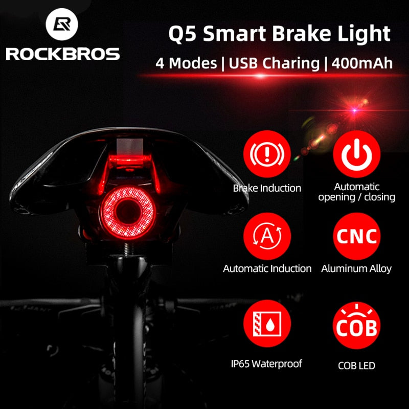 ROCKBROS Q5 Luz de led traseira, luz de detecção de freio automático, inteligente, Ciclismo, Mountain Bike Luz Traseira