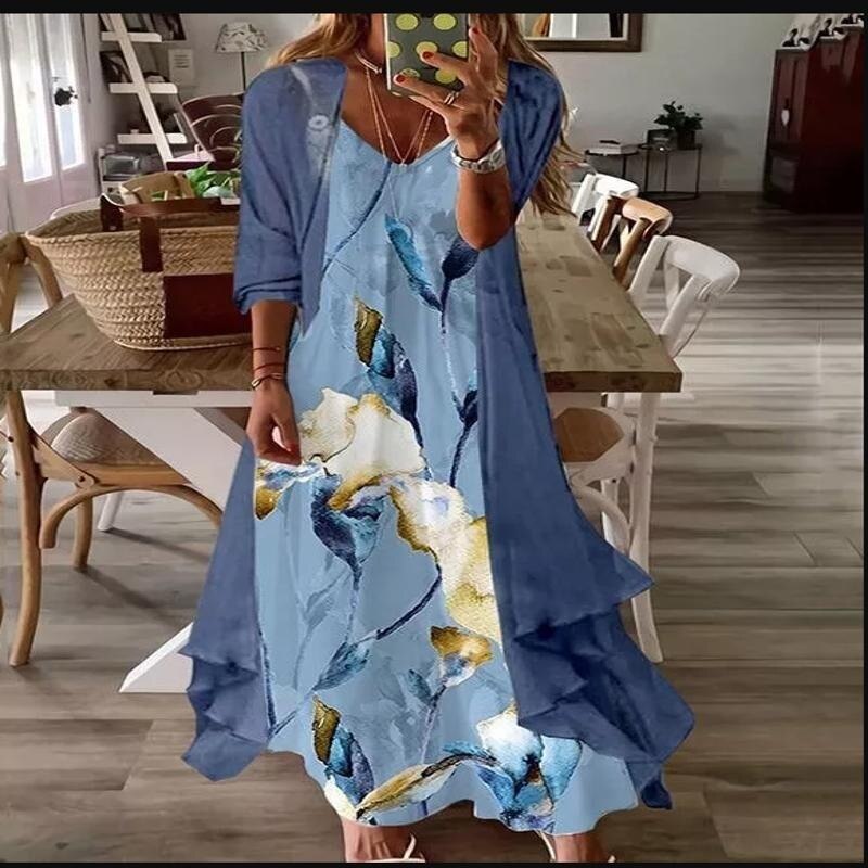 Conjunto em duas peças, vestido sem mangas estilo praia, para mulheres verão Boho