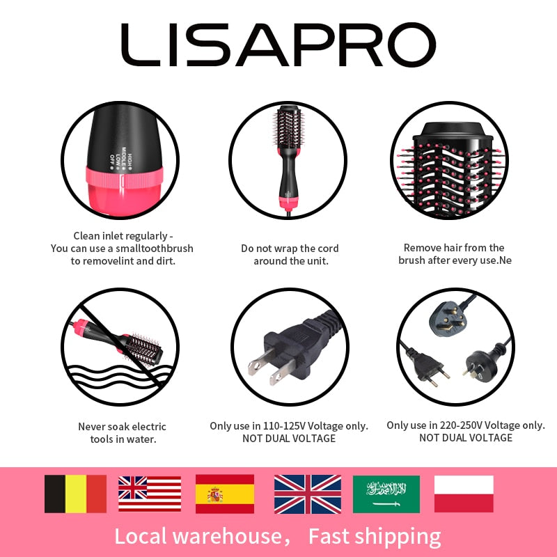 LISAPRO Escova de ar quente e secador de cabelo de uma etapa e volumizador 1000 W