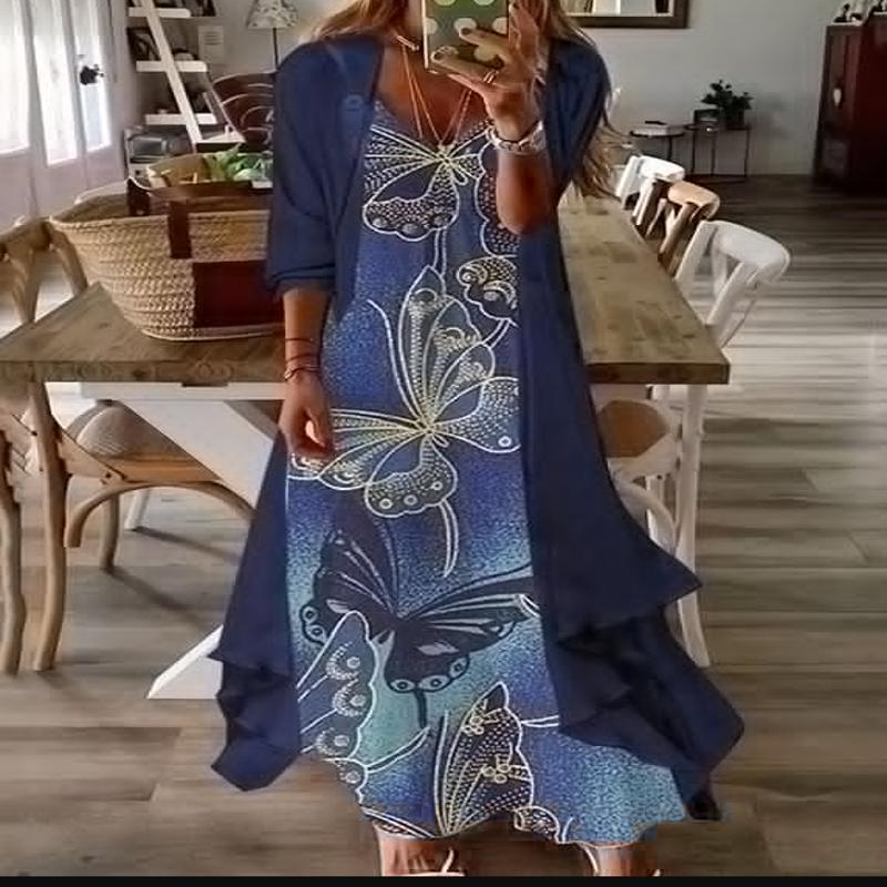 Conjunto em duas peças, vestido sem mangas estilo praia, para mulheres verão Boho