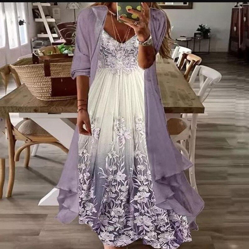 Conjunto em duas peças, vestido sem mangas estilo praia, para mulheres verão Boho