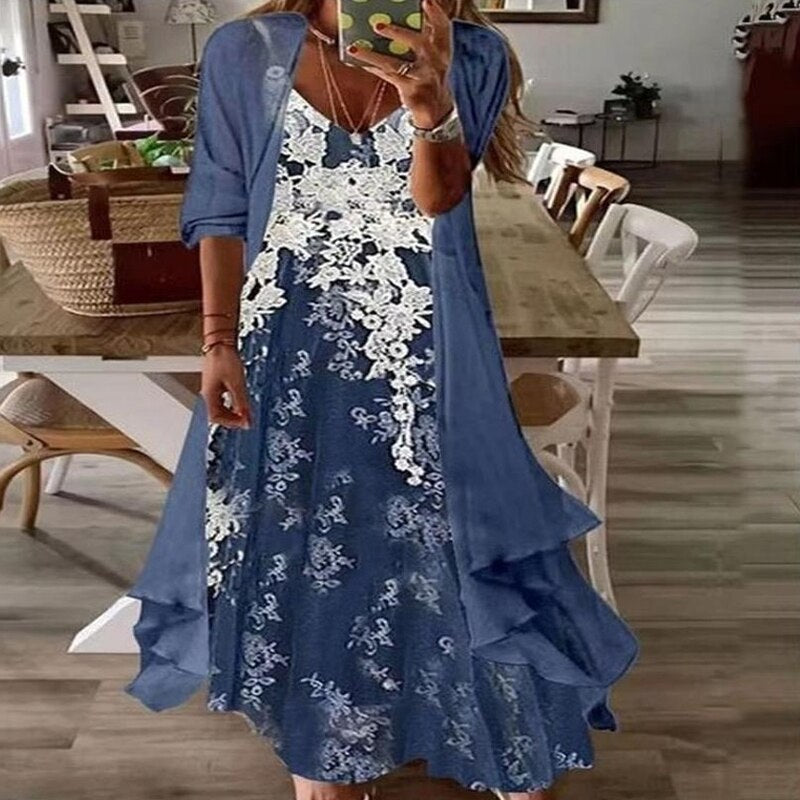 Conjunto em duas peças, vestido sem mangas estilo praia, para mulheres verão Boho